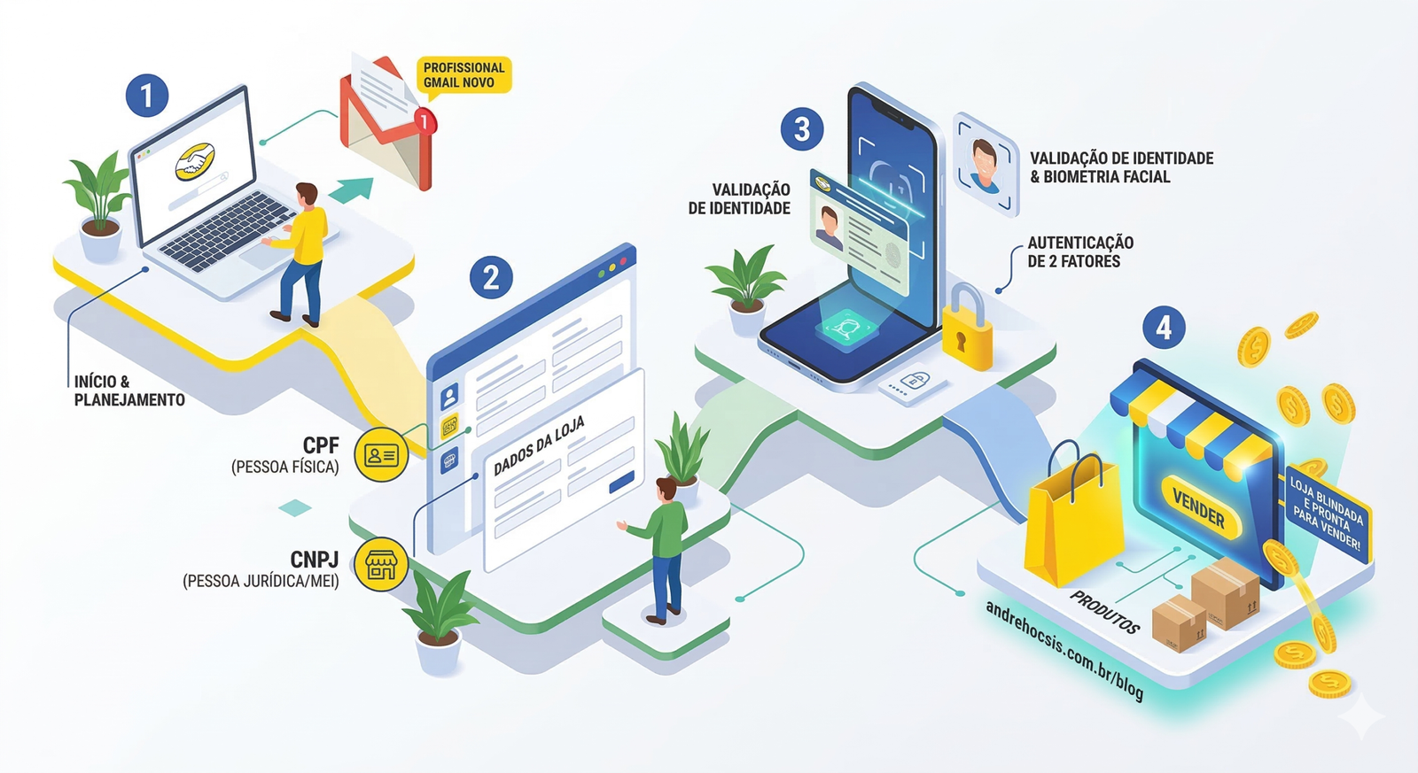 Infográfico ilustrando como criar conta no Mercado Livre em 4 passos simples