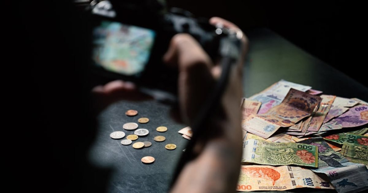 Fotografando em close-up notas e moedas de peso argentino em um ambiente interno.